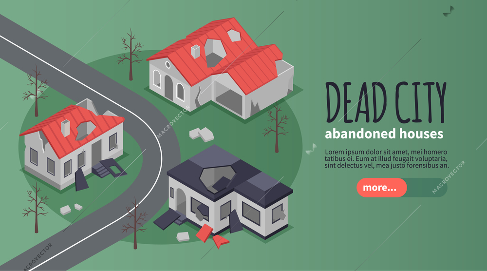 Isometric ruined buildings horizontal banner with editable text slider more button and view of abandoned district vector illustration