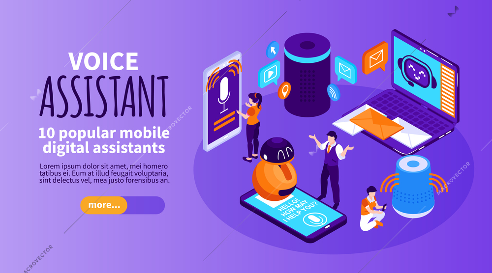 Voice assistant horizontal banner providing information about ten popular mobile digital assistants isometric vector illustration