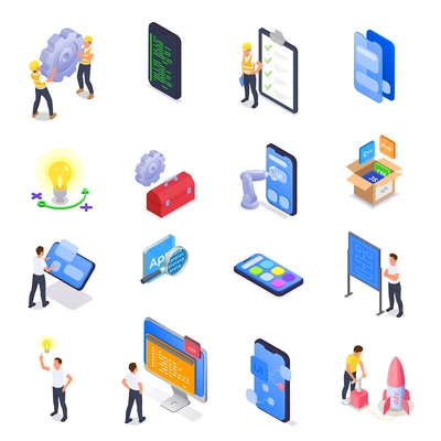 Mobile app development isometric set of isolated icons human characters and smartphone screens with ui elements vector illustration