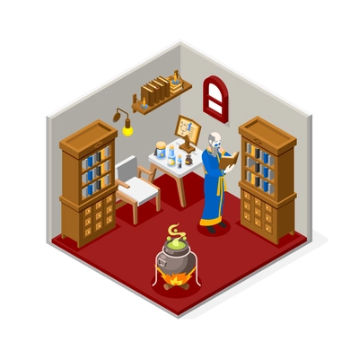 Alchemy composition with isometric interior of alchemical laboratory and old alchemist reading book 3d vector illustration