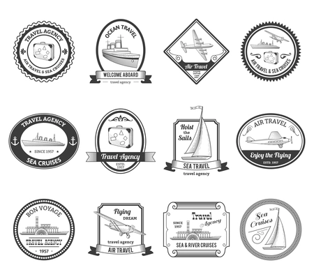 Travel agencies air and sea vacation cruises emblems labels collection with yachts black abstract isolated vector illustration