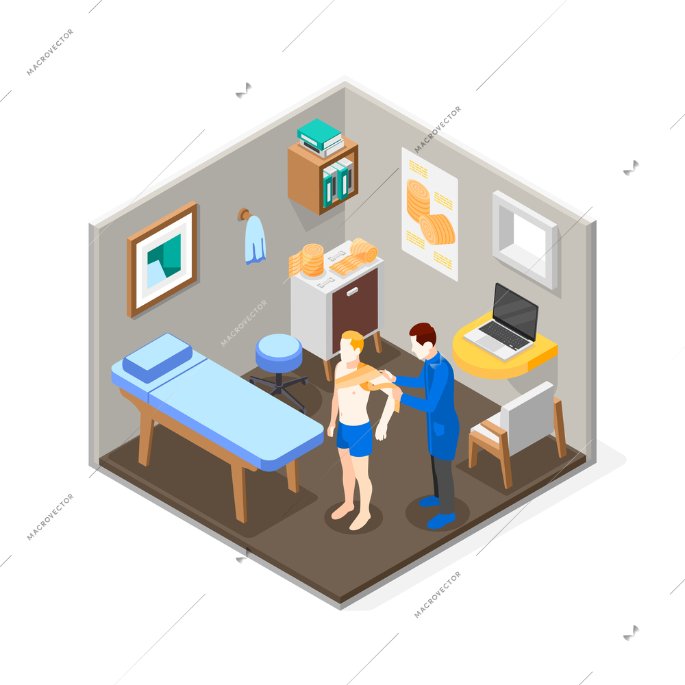 Bandage application isometric composition with doctor and male patient with injured shoulder 3d vector illustration