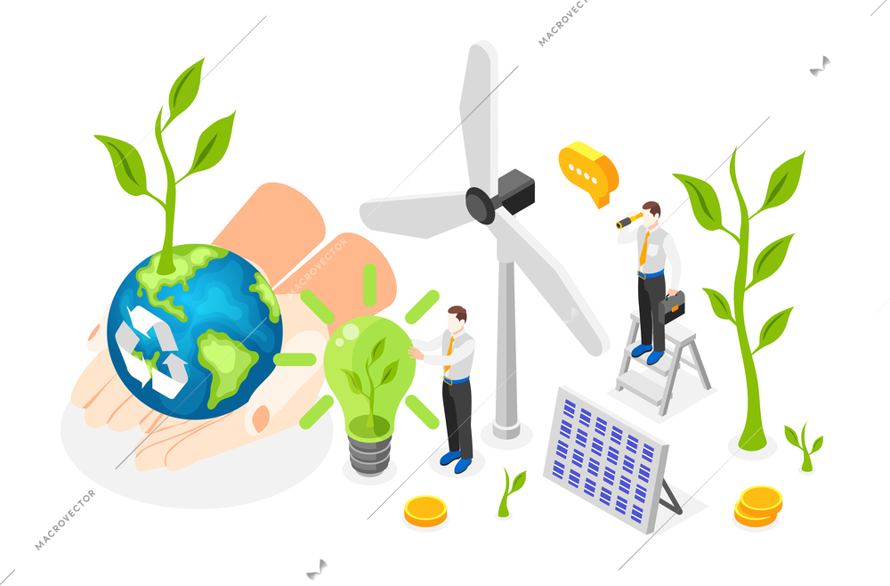 Isometric esg environmental social governance concept taking care of nature isometric composition with alternative energy sources 3d vector illustration