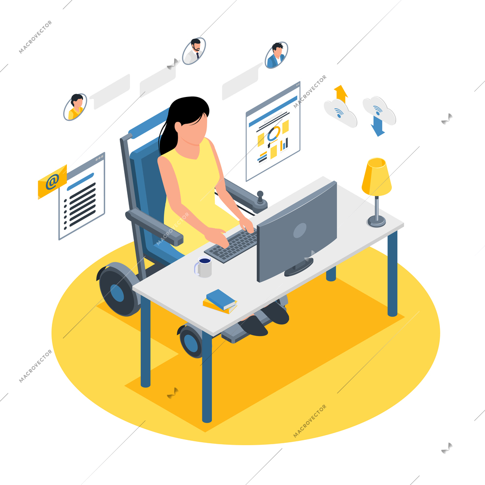 Isometric technology for disabled people composition with view of female character on wheelchair working at table vector illustration