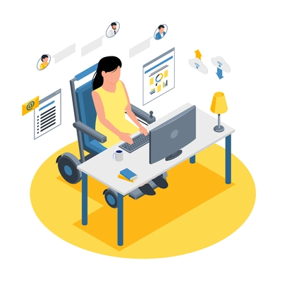 Isometric technology for disabled people composition with view of female character on wheelchair working at table vector illustration