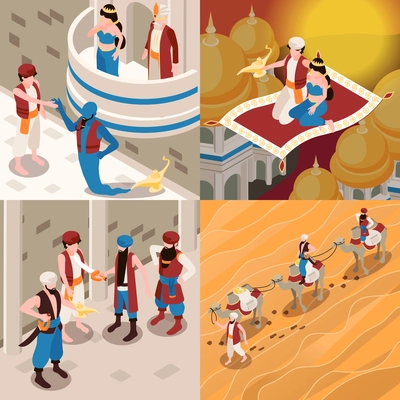Oriental tales 2x2 design concept set with bedouins camels magic carpet aladdin magic lamp isometric images vector illustration