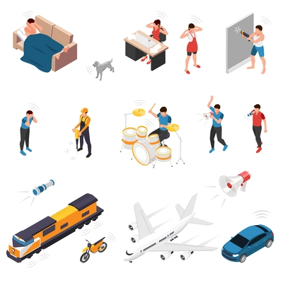 Sound pollution isometric set of stressed people covered ears with hands in different situations isolated vector illustration