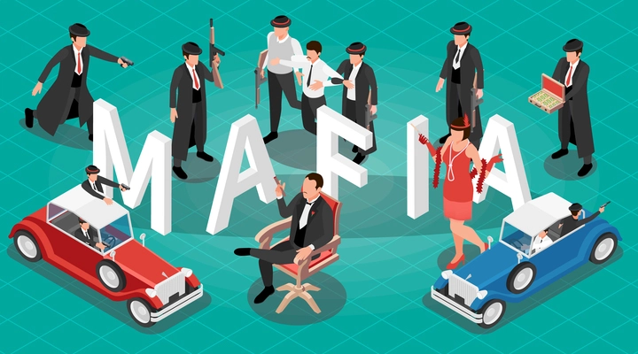 Mafia isometric horizontal illustration with male characters in black clothes and women dressed in fashion of 30s of 20th century vector illustration