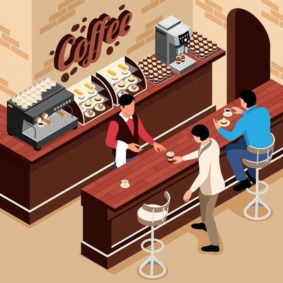 Isometric coffee cafe composition barista waiter behind the counter passes drink to the customer vector illustration