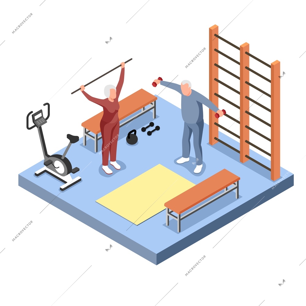 Isometric old people activity isolated concept with two elderly people are carefully engaged in sports vector illustration