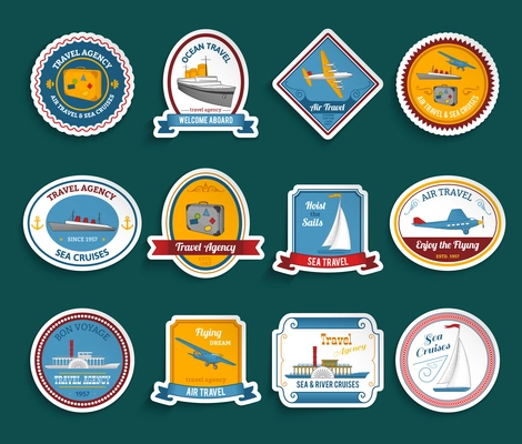 Bon voyage travel agency flying dream air and sea cruises stickers collection color abstract isolated vector illustration