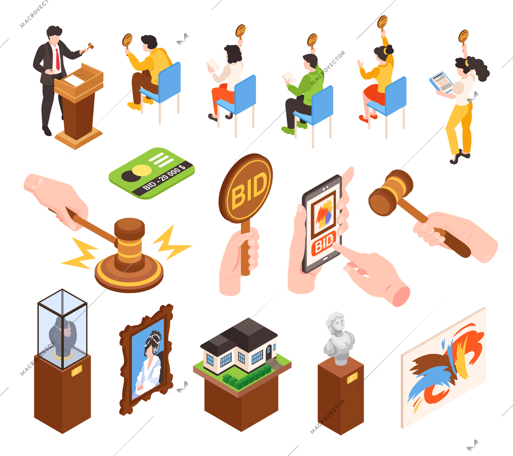 Isometric auction bids set with isolated icons of gavel valuable items and characters of bidding participants vector illustration