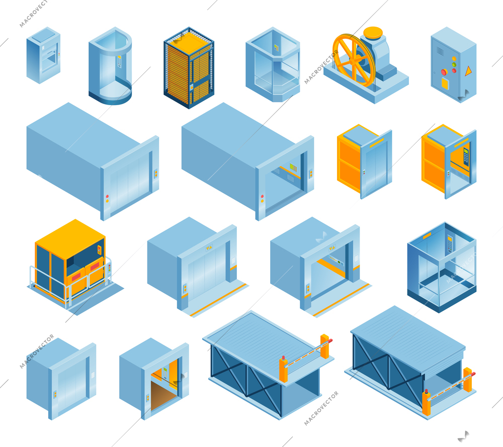 Set with isometric elevator icons with isolated images of elevator cabs and machinery on blank background vector illustration