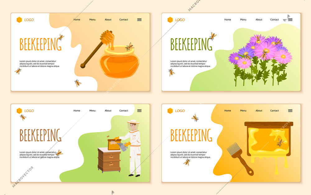 Set with four beekeeping flat cards with horizontal landing pages editable text clickable links and images vector illustration