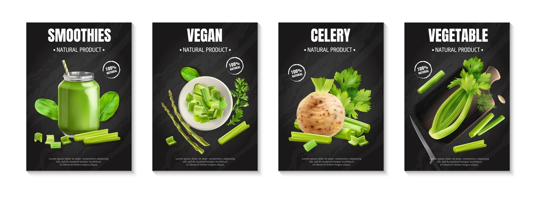 Four realistic celery poster icon set smoothies vegan celery and vegetable headlines on black background vector illustration