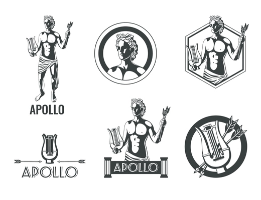 Flat set of black and white emblems with green olympian god apollo isolated vector illustration