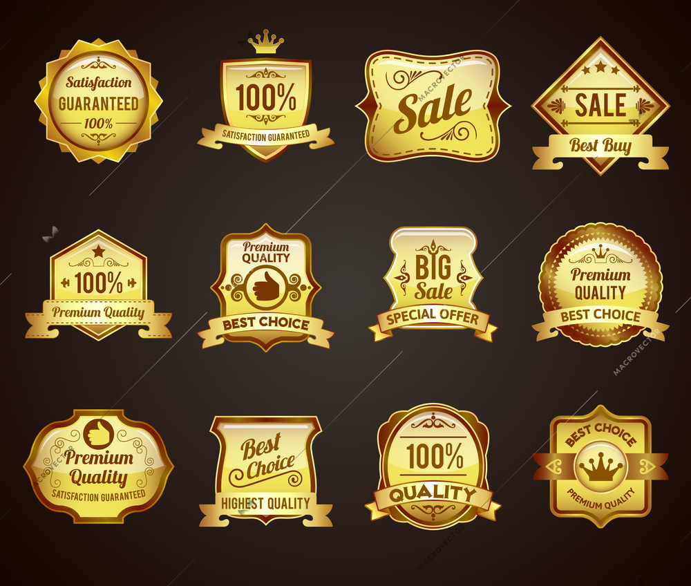 Golden crown highest quality labels collection icons satisfaction guaranteed for vip customers abstract graphic vector isolated illustration