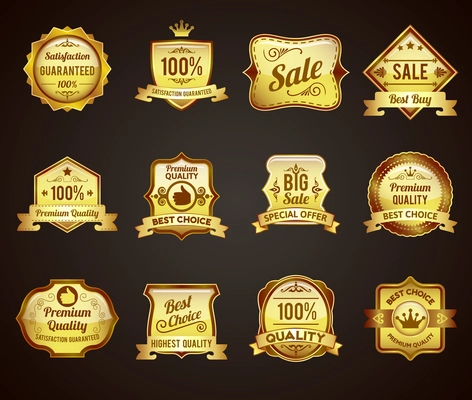 Golden crown highest quality labels collection icons satisfaction guaranteed for vip customers abstract graphic vector isolated illustration