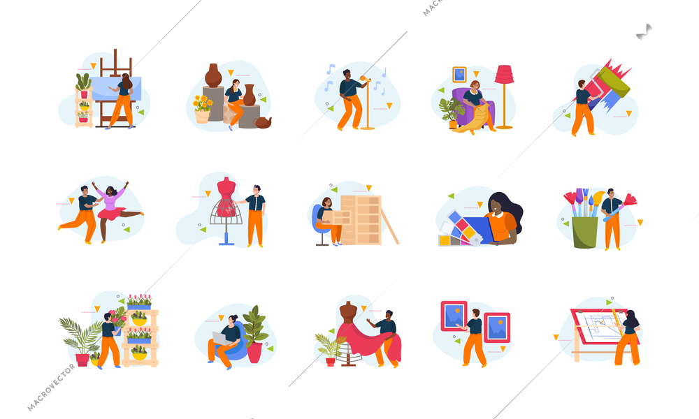 Creative people flat icons set of human characters dancing singing playing music drawing pictures sewing dress isolated vector illustration