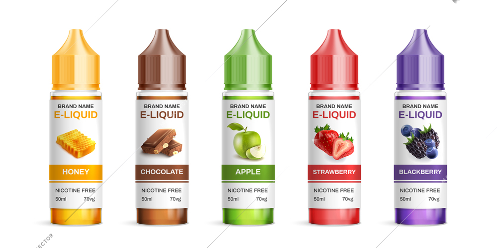 Realistic vaping flavored e-liquid set with five isolated images of colorful jars with smoking disposable vector illustration