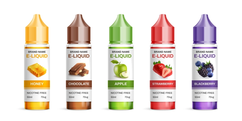 Realistic vaping flavored e-liquid set with five isolated images of colorful jars with smoking disposable vector illustration