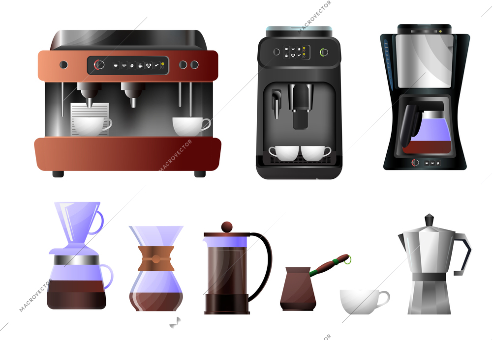 Coffee equipment flat gradient set with automatic machine jezve press moka pot cup isolated on white background vector illustration