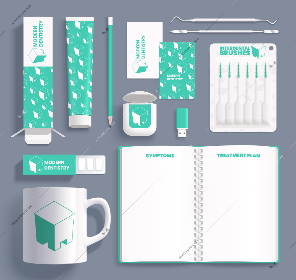 Corporate identity realistic template for dental clinic with notepad cup and healthcare items isolated vector illustration