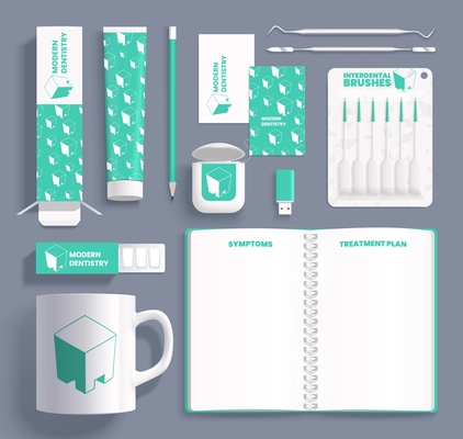 Corporate identity realistic template for dental clinic with notepad cup and healthcare items isolated vector illustration