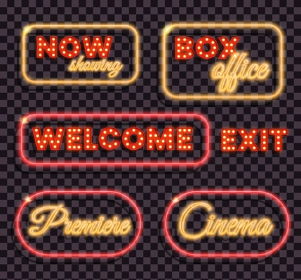 Retro light frame transparent set of realistic sparkling signboards for cinema and theatre isolated vector illustration