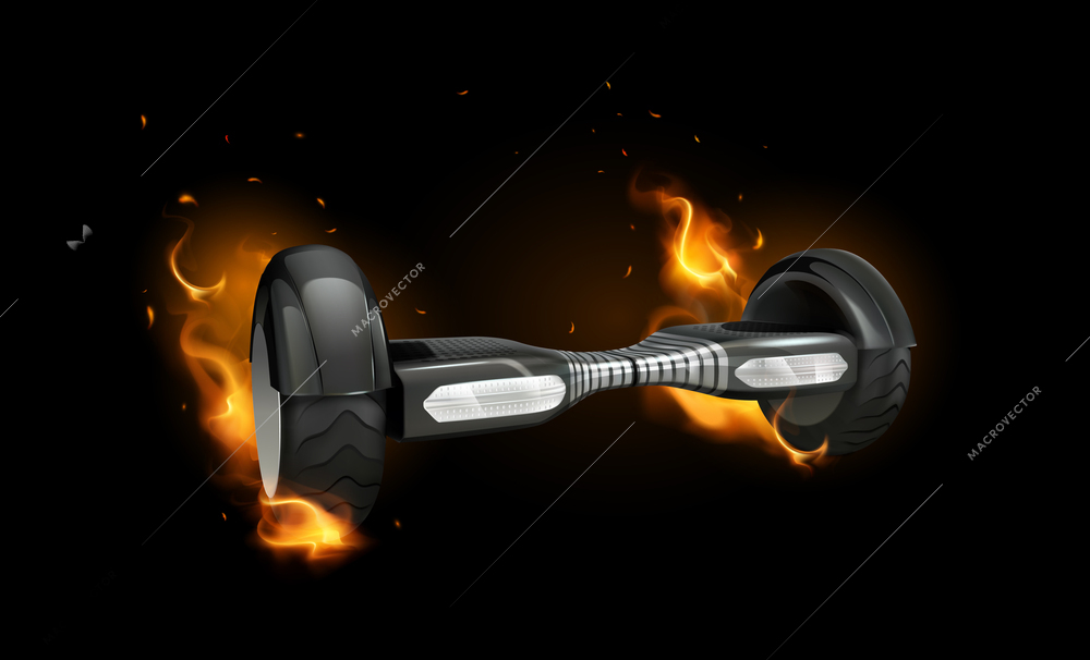 Hoverboard realistic composition with dark background and self balancing scooter with flames of fire on wheel vector illustration