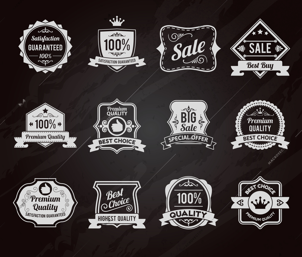 Best choice premium quality goods sales chalkboard emblems icons collection with crown symbol graphic vector isolated illustration