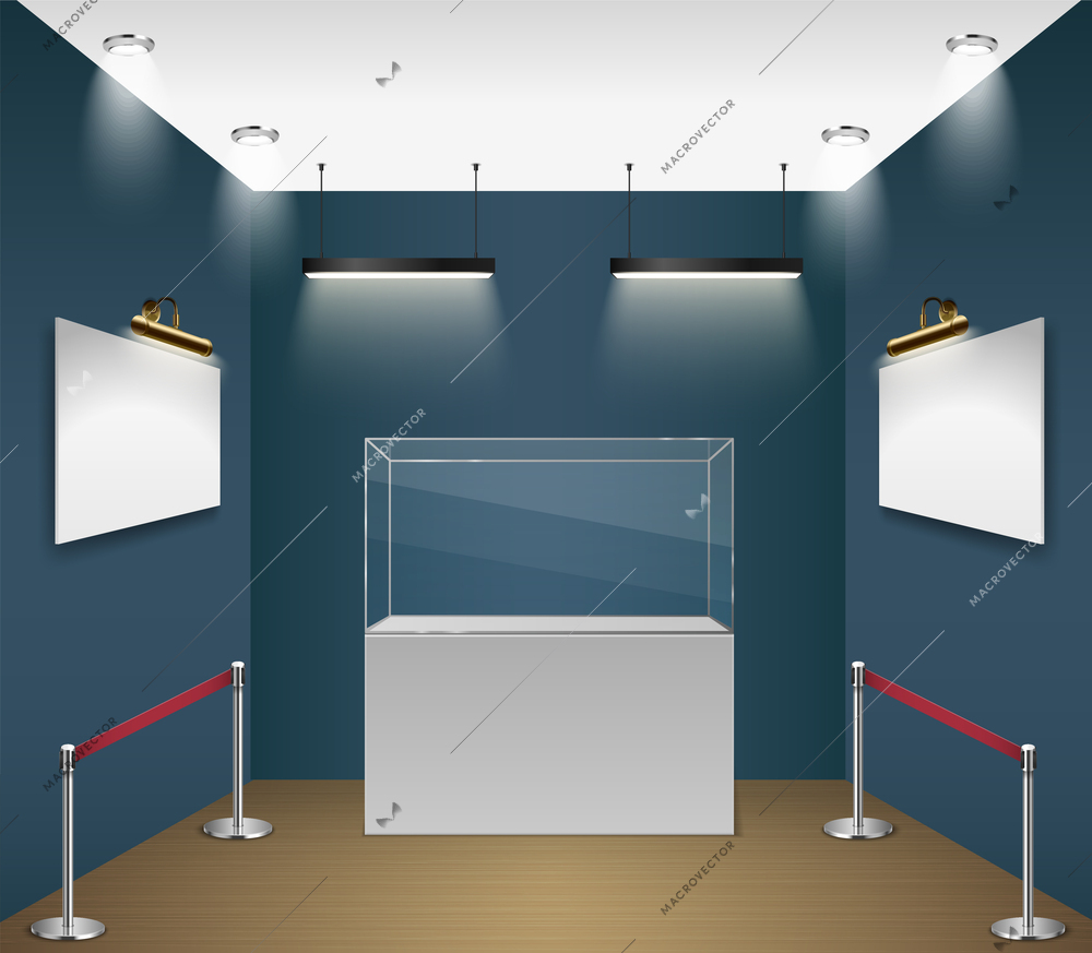 Realistic exhibition mockup with gallery picture frames and museum protection glass vector illustration