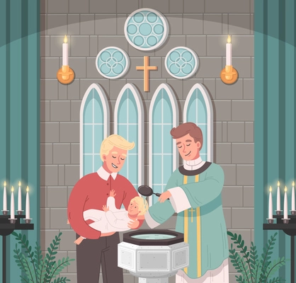 Christian church cartoon scene with priest baptising baby boy vector illustration