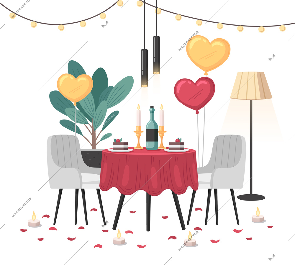 Restaurant interior cartoon scene with served table and celebration decor vector illustration