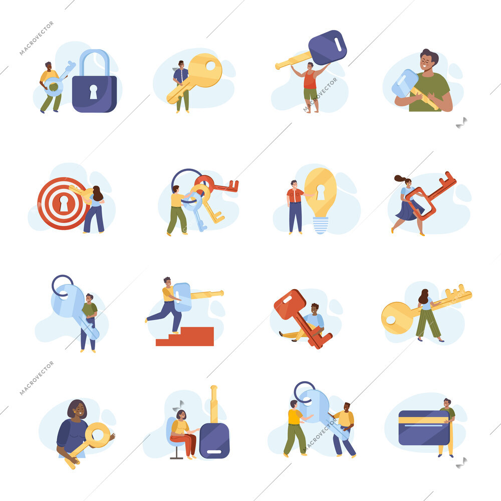 Flat set of icons with tiny people holding big keys isolated on white background vector illustration