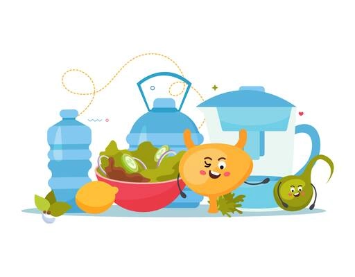 Cute cartoon human organs with healthy food and bottles of water flat composition vector illustration