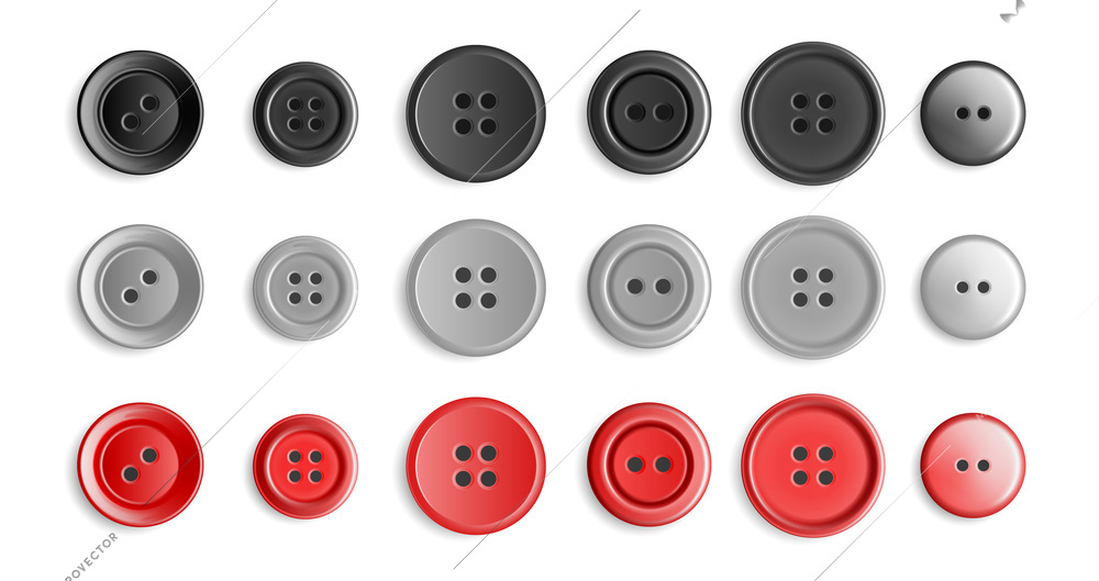 Realistic sewing button icon set buttons black gray and red in different styles and sizes color vector illustration