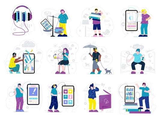 Audio books flat set of people listening audiobooks using smartphones and headphones anywhere isolated vector illustration