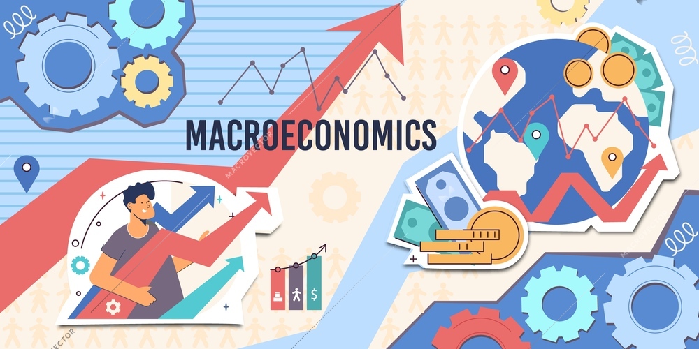 Macroeconomics cut paper collage with business localization labels applied in globe image and vectors of economic growth flat  vector illustration