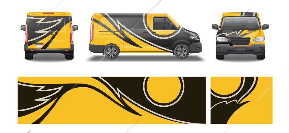 Car van mockup livery wrap design realistic set of isolated wrapping pieces and views of automobile vector illustration