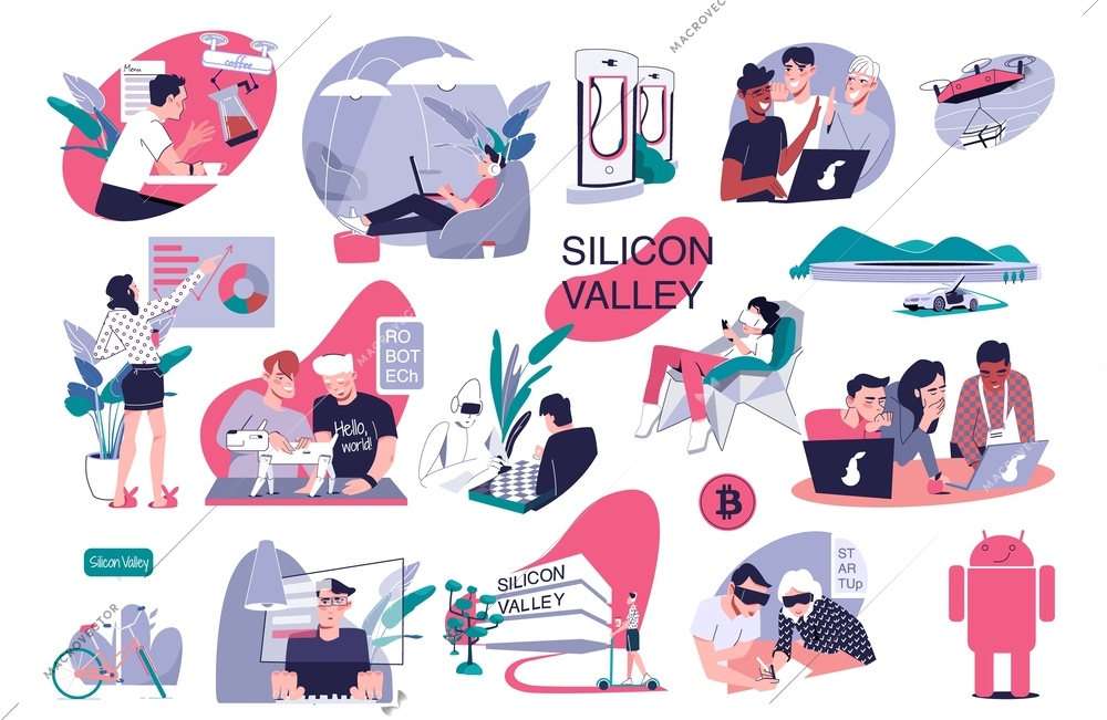 Silicon valley flat set with isolated compositions of working places landmarks gadgets electric cars and people vector illustration