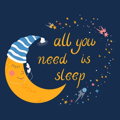 Good night flat postcard with cartoon moon in sleeping hat vector illustration
