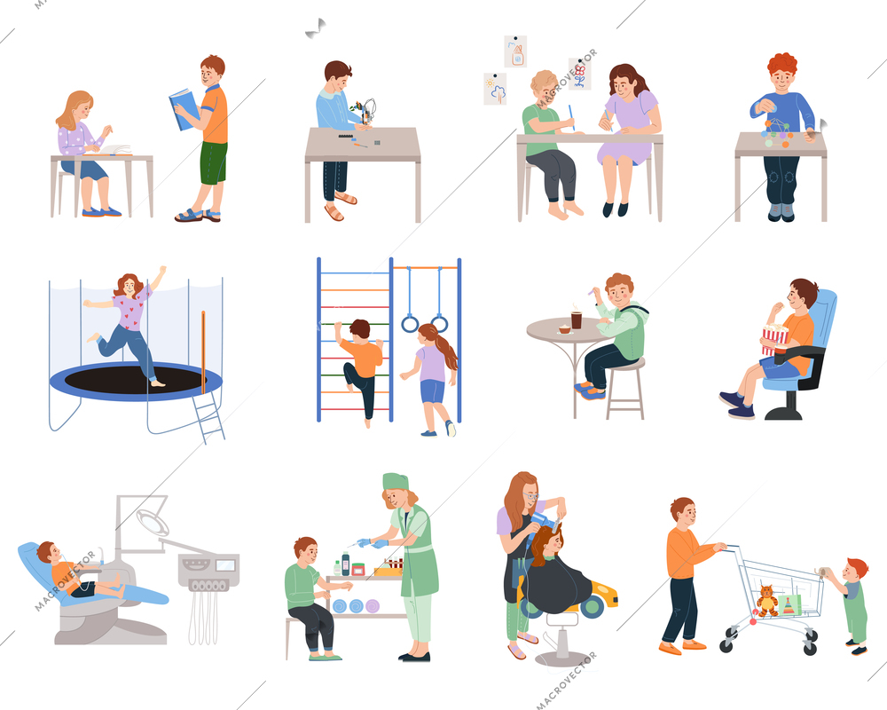 Kids services flat icons set with children playing eating and visiting doctor isolated vector illustration