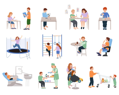 Kids services flat icons set with children playing eating and visiting doctor isolated vector illustration