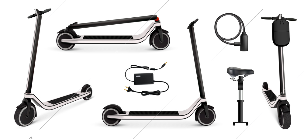 Electric scooter set with battery and charge symbols realistic isolated vector illustration