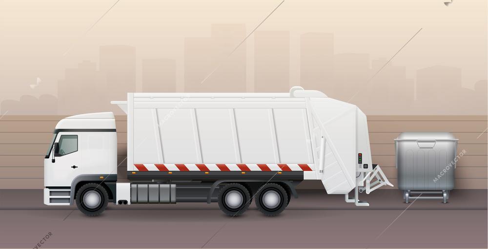 Garbage truck background with municipal vehicles symbols realistic vector illustration
