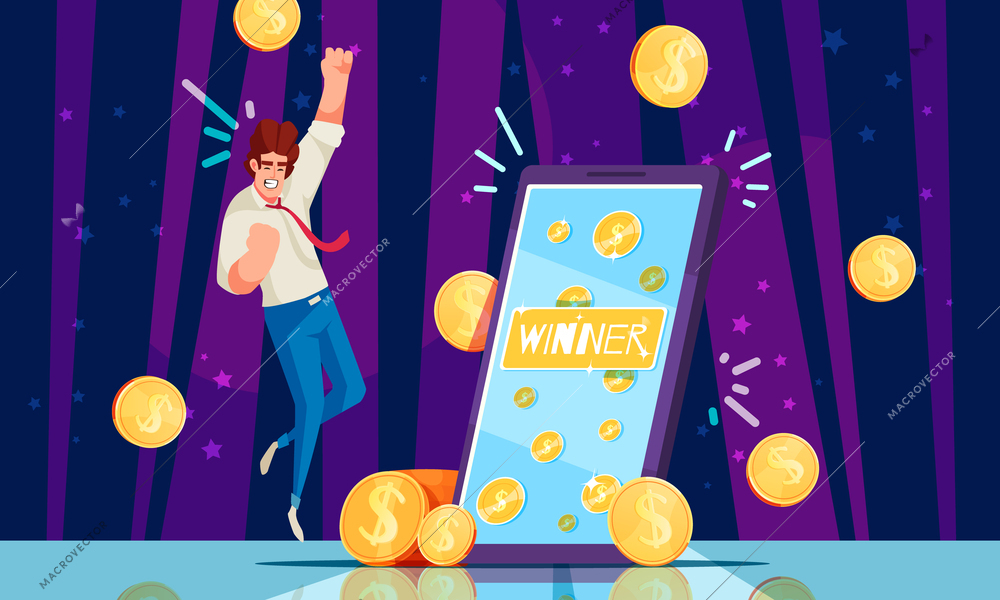Lottery winner cartoon concept with man getting money prize vector illustration