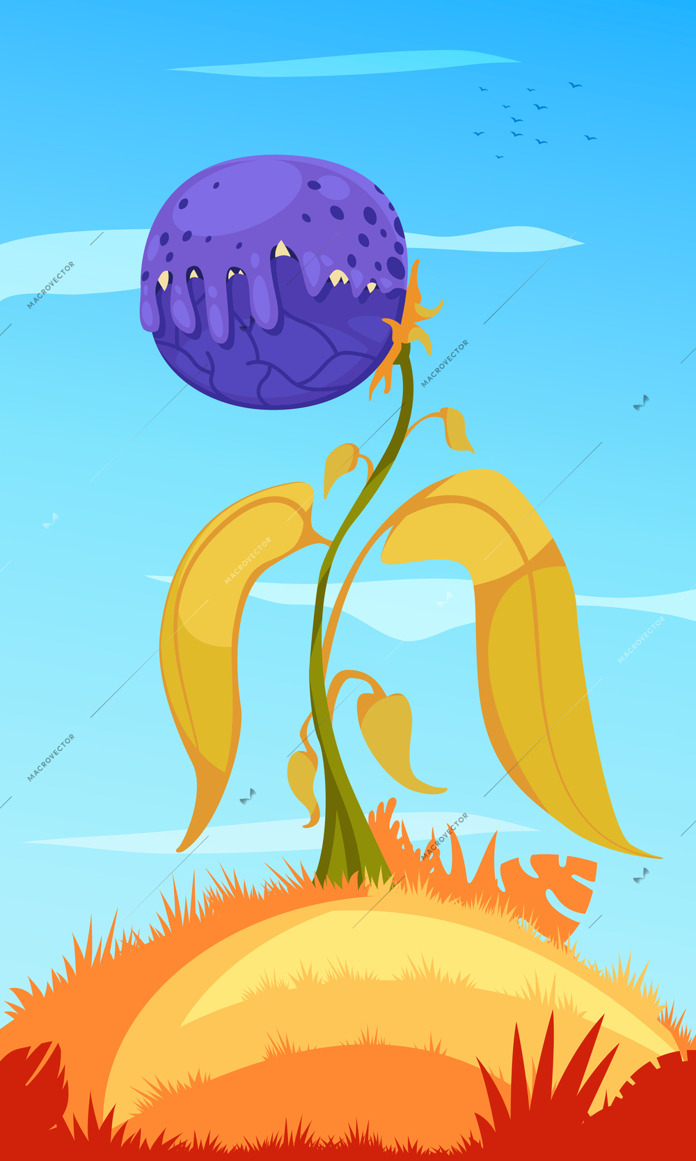 Carnivorous monster plant cartoon poster with wild blue scary flower vector illustration