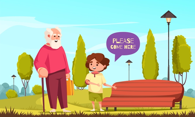 Well-behaved children cartoon poster with kid offering help to old person vector illustration