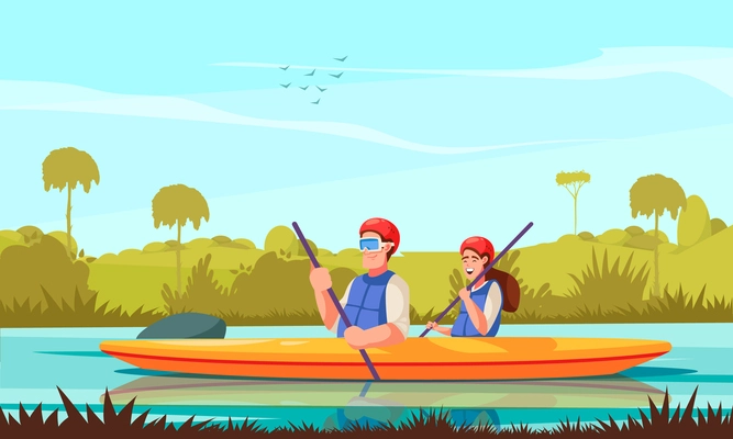 River rafting cartoon poster with young couple in kayak vector illustration